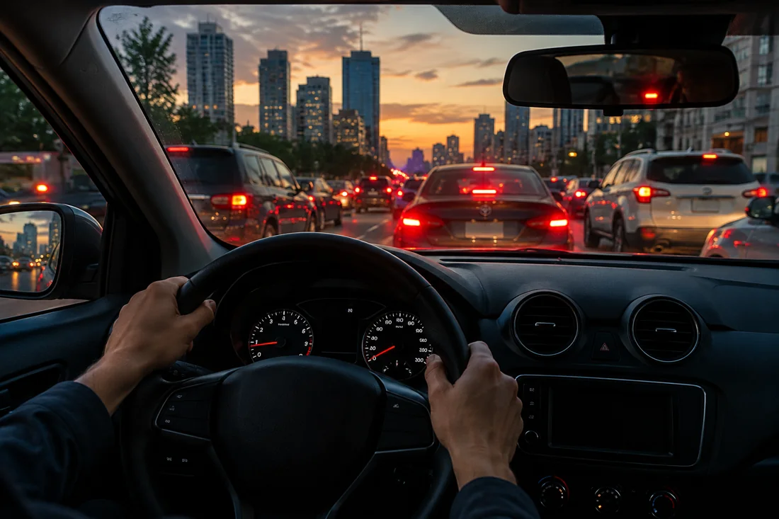 Driver in a compact car stuck in city traffic, red brake lights ahead