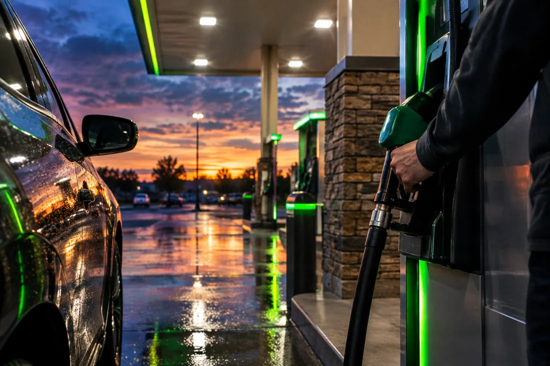 Driver returning a fuel nozzle to the pump at dusk
