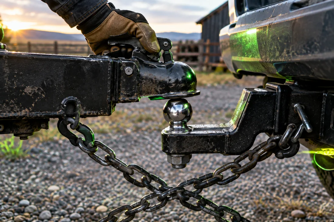 Gloved hand dropping a trailer coupler onto a pickup ball hitch