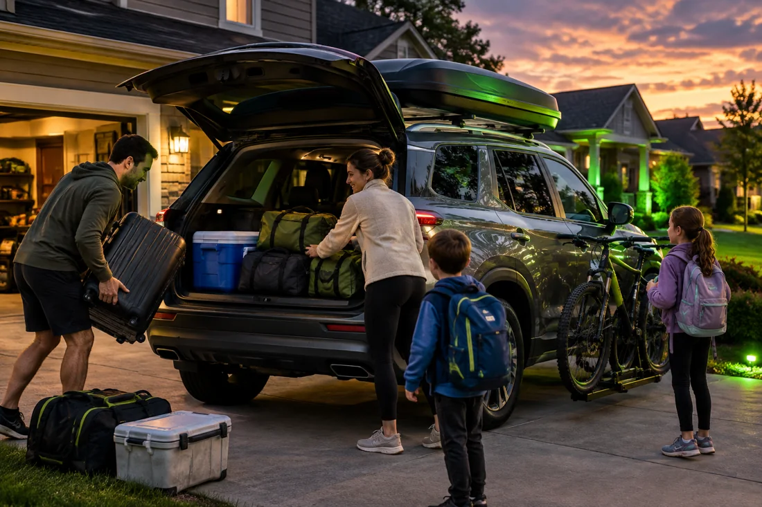 Family loading a SUV with bags, bikes and a roof box in the driveway